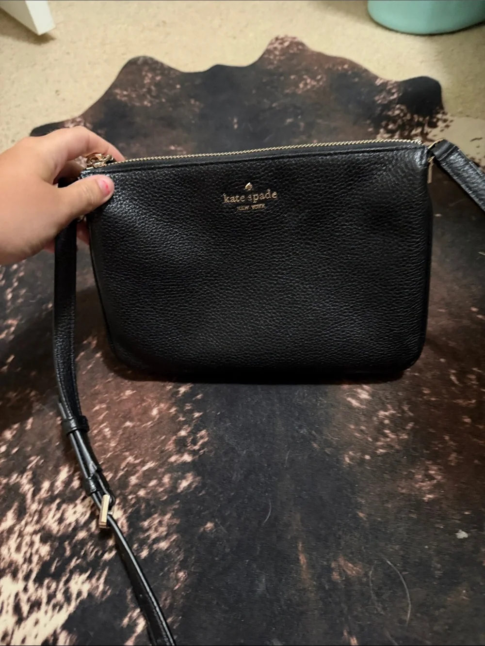 kate spade Black Pebbled Leather Crossbody Pouch with Gold Logo